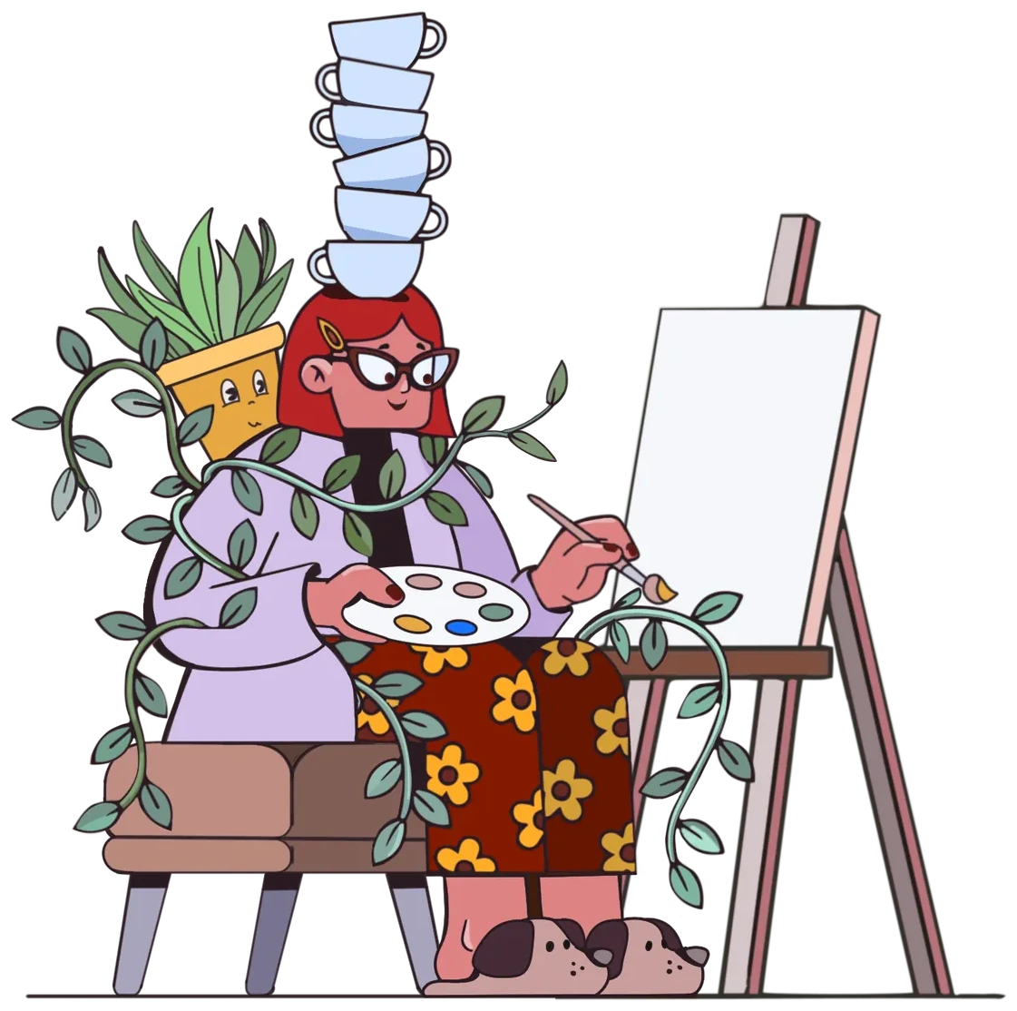 Olena painting at an easel, with a potted plant and a dog at her feet