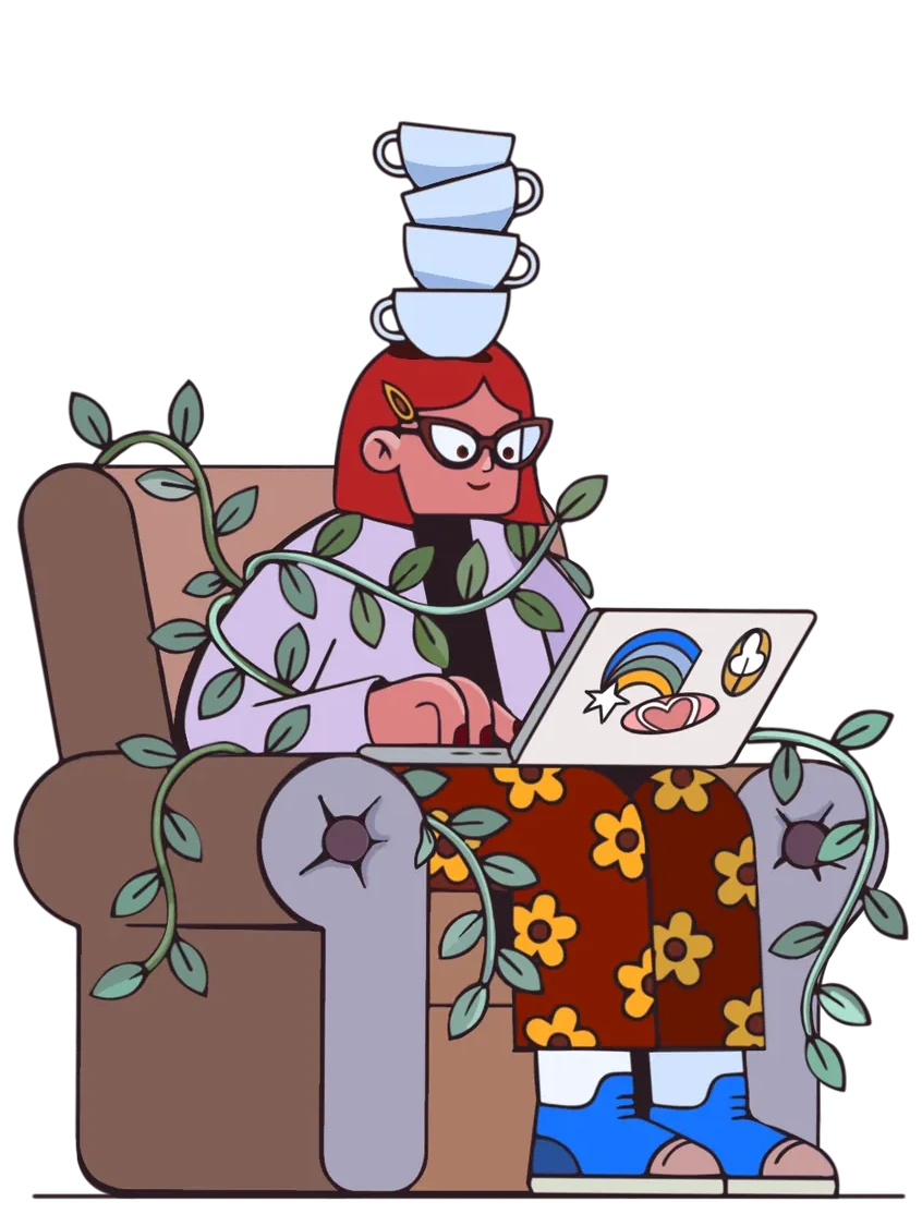 Olena at her laptop, teacups stacked on her head, vines curling around the armchair