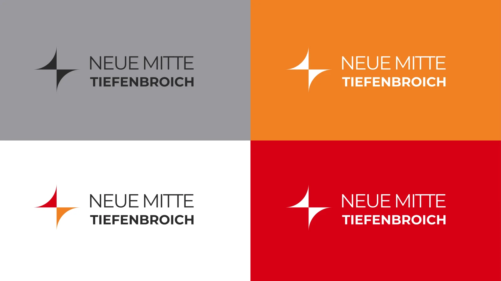 Logo on grey, orange, white and red backgrounds